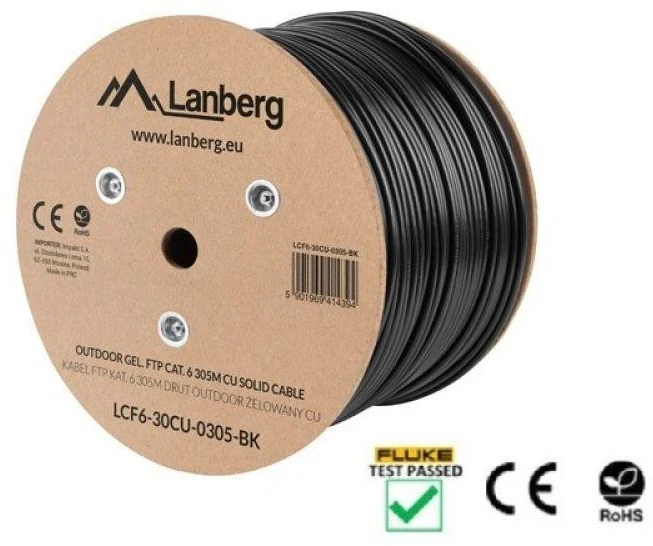 LANBERG LCF6-30CU-0305-BK Lanberg FTP kietas lauko gelis. kabelis, CU, kat.6, 305m, Pilka