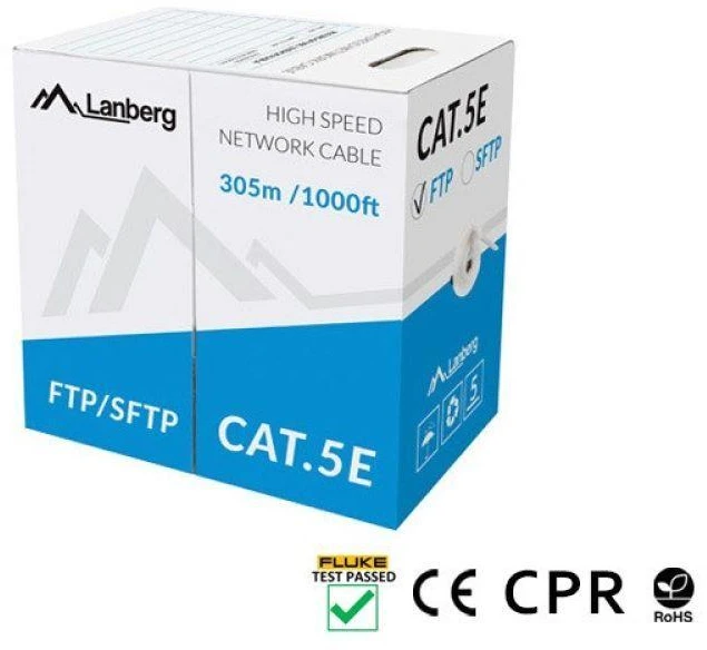 LANBERG LAN kabelis SFTP kat.5e 305m solid CU CPR fluke perduotas pilkas