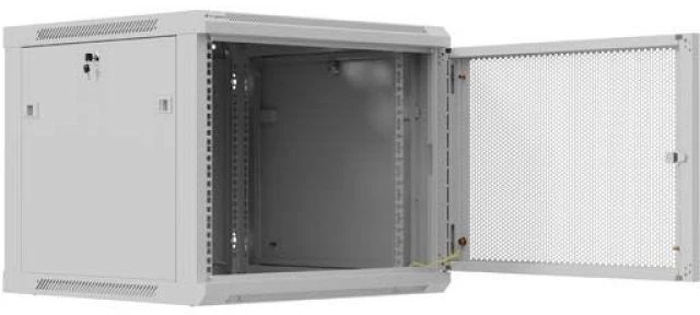 Prie sienos montuojama rack spintelė 19" 9U 600x600 pilkos spalvos perforuotos durelėmis Lanberg (plokštos konstrukcijos)