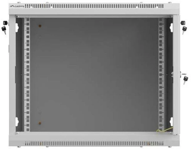 Prie sienos montuojama rack spintelė 19" 9U 600x600 pilkos spalvos perforuotos durelėmis Lanberg (plokštos konstrukcijos)