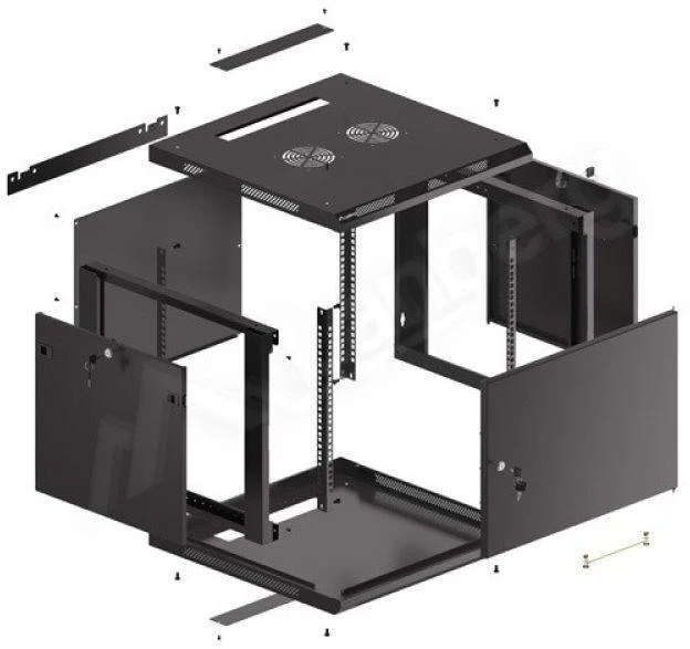 LANBERG sieninė spintelė 19 colių 9U 600x600 plieninės durys juodas plokščias paketas
