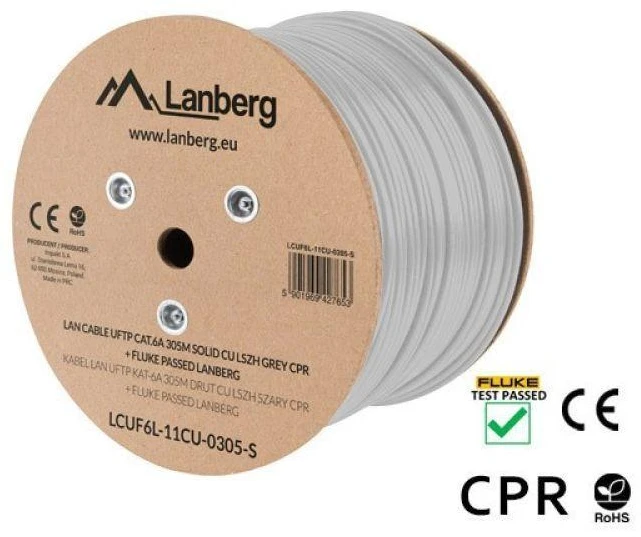 LANBERG LAN kabelis UFTP kat.6A 305m solid CU LSZH pilkas CPR fluke praėjo