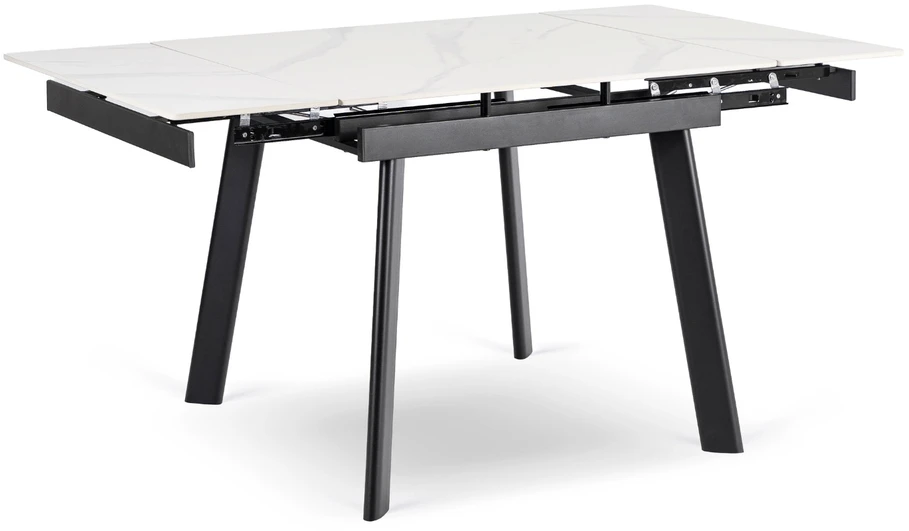LARES kvadratinis ištraukiamas stalas, 90–150 cm, keramika, baltas marmuras/juodas, modernus