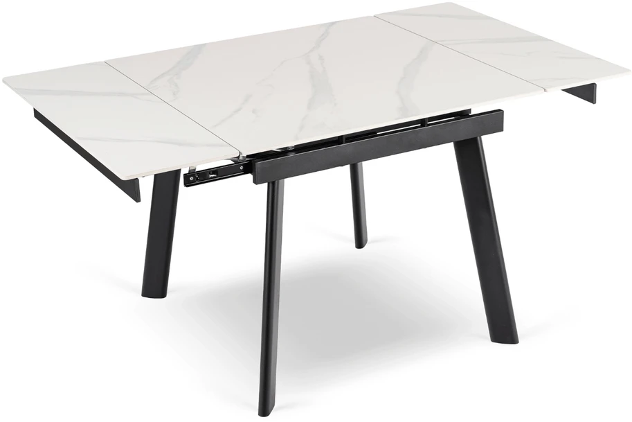 LARES kvadratinis ištraukiamas stalas, 90–150 cm, keramika, baltas marmuras/juodas, modernus