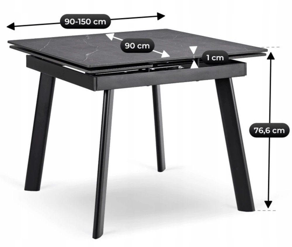 LARES kvadratinis ištraukiamas stalas, 90–150 cm, keramika, juodas marmuras/juodas modernus