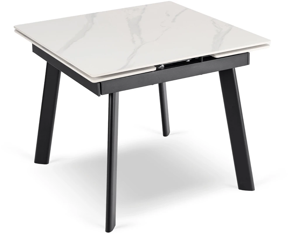 LARES kvadratinis ištraukiamas stalas, 90–150 cm, keramika, baltas marmuras/juodas, modernus