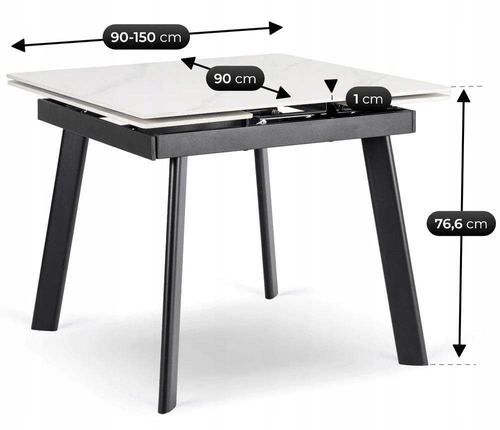 LARES kvadratinis ištraukiamas stalas, 90–150 cm, keramika, baltas marmuras/juodas, modernus