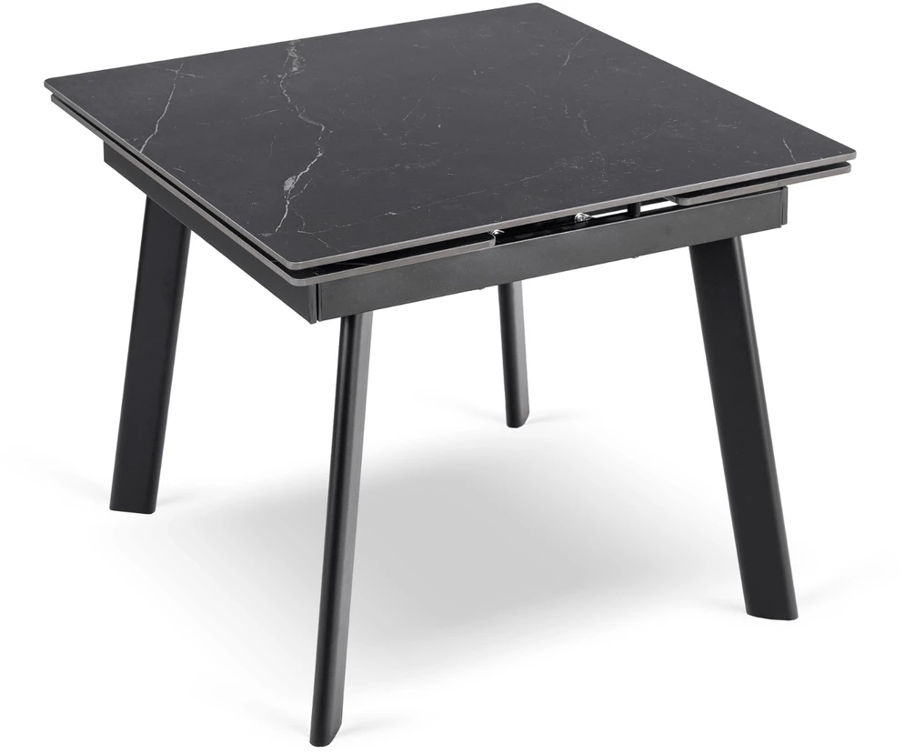 LARES kvadratinis ištraukiamas stalas, 90–150 cm, keramika, juodas marmuras/juodas modernus