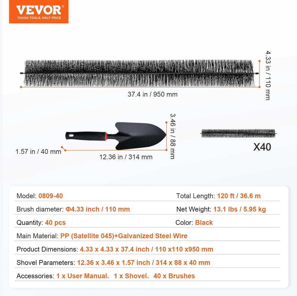 VEVOR Latakų šepetys 36,6 m ilgio 11 cm skersmens
