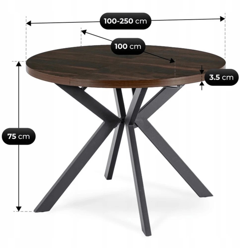 Lauko baldų komplektas Mebel Elite Valgomojo stalo ir 4 kėdžių komplektas, išskleidžiamas, 100–250 cm, riešuto ir juodos spalvos