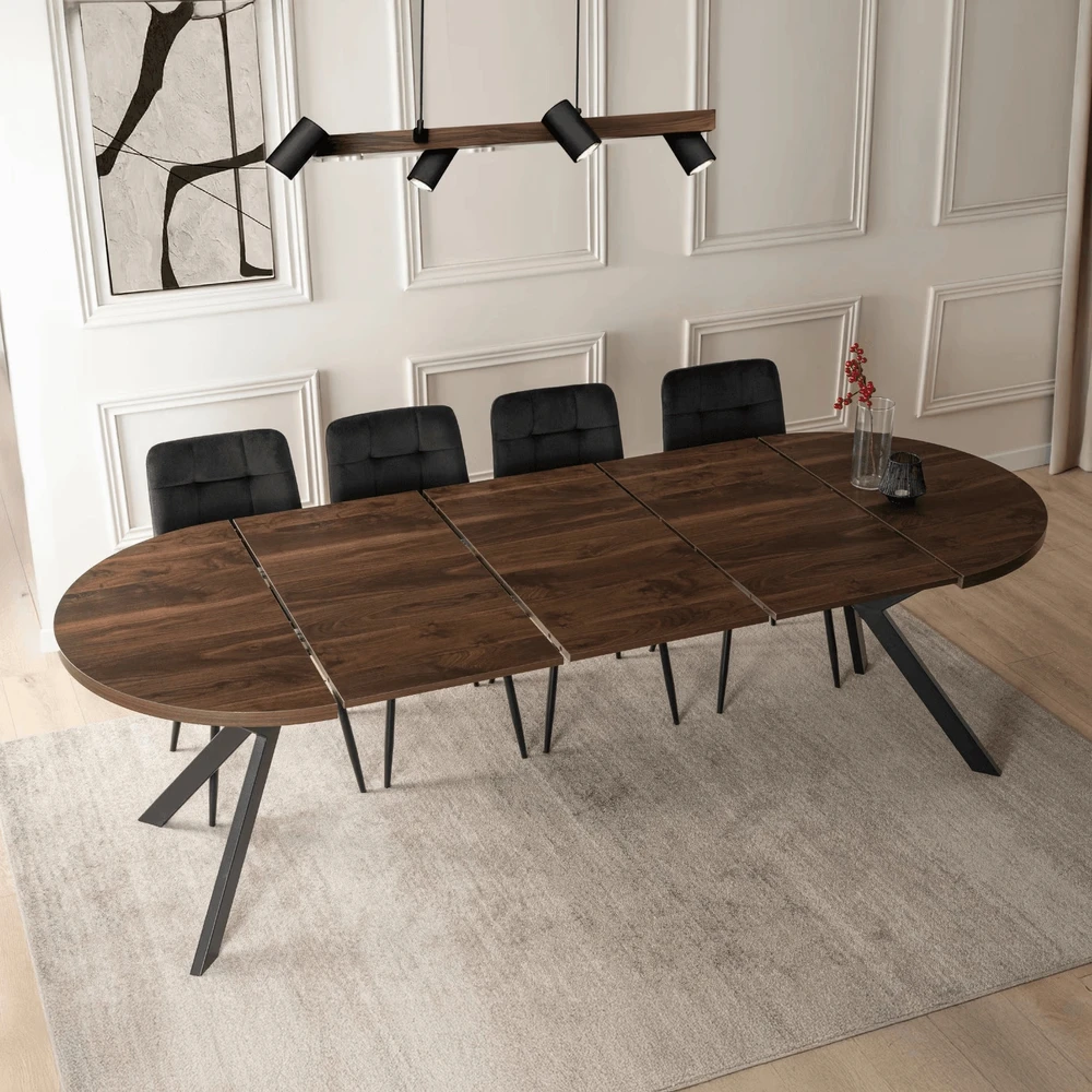 Lauko baldų komplektas Mebel Elite Valgomojo stalo ir 4 kėdžių komplektas, išskleidžiamas, 100–250 cm, riešuto ir juodos spalvos