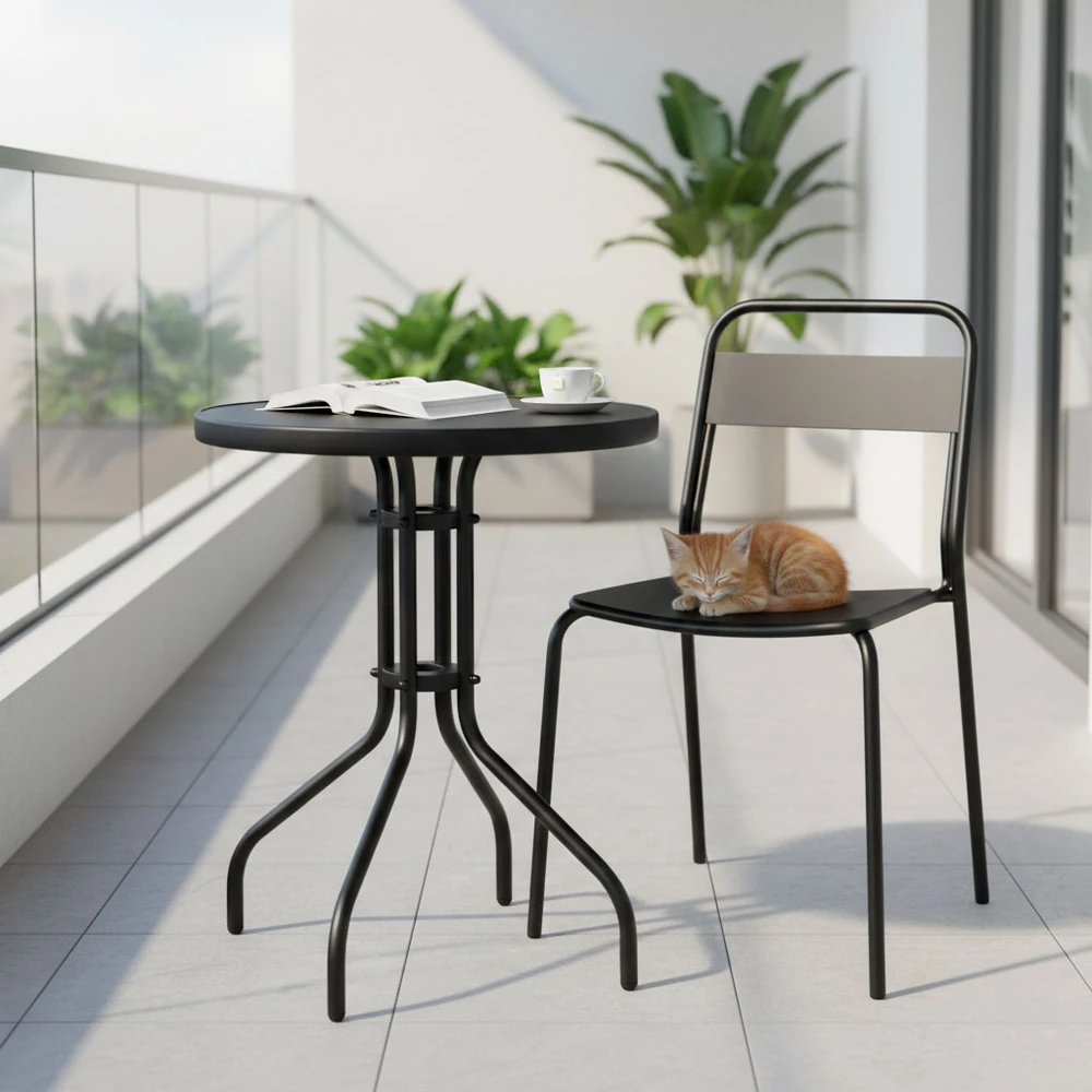 Lauko baldų komplektas Apvalus sodo stalas 60 cm, grūdinto stiklo stalas sodui, terasai ar balkonui, juodas MultiGarden