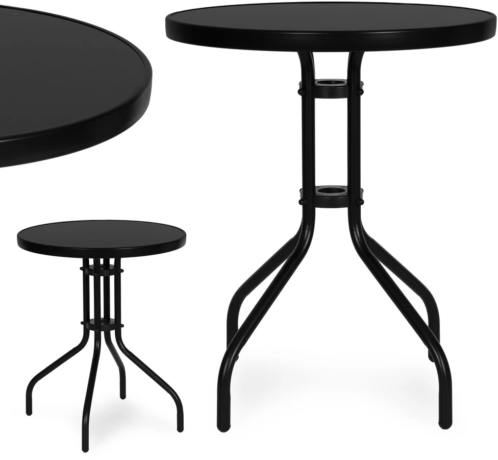 Lauko baldų komplektas Apvalus sodo stalas 60 cm, grūdinto stiklo stalas sodui, terasai ar balkonui, juodas MultiGarden