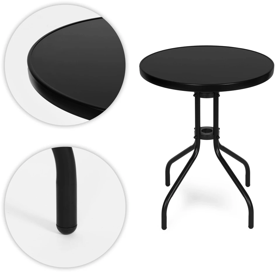 Lauko baldų komplektas Apvalus sodo stalas 60 cm, grūdinto stiklo stalas sodui, terasai ar balkonui, juodas MultiGarden