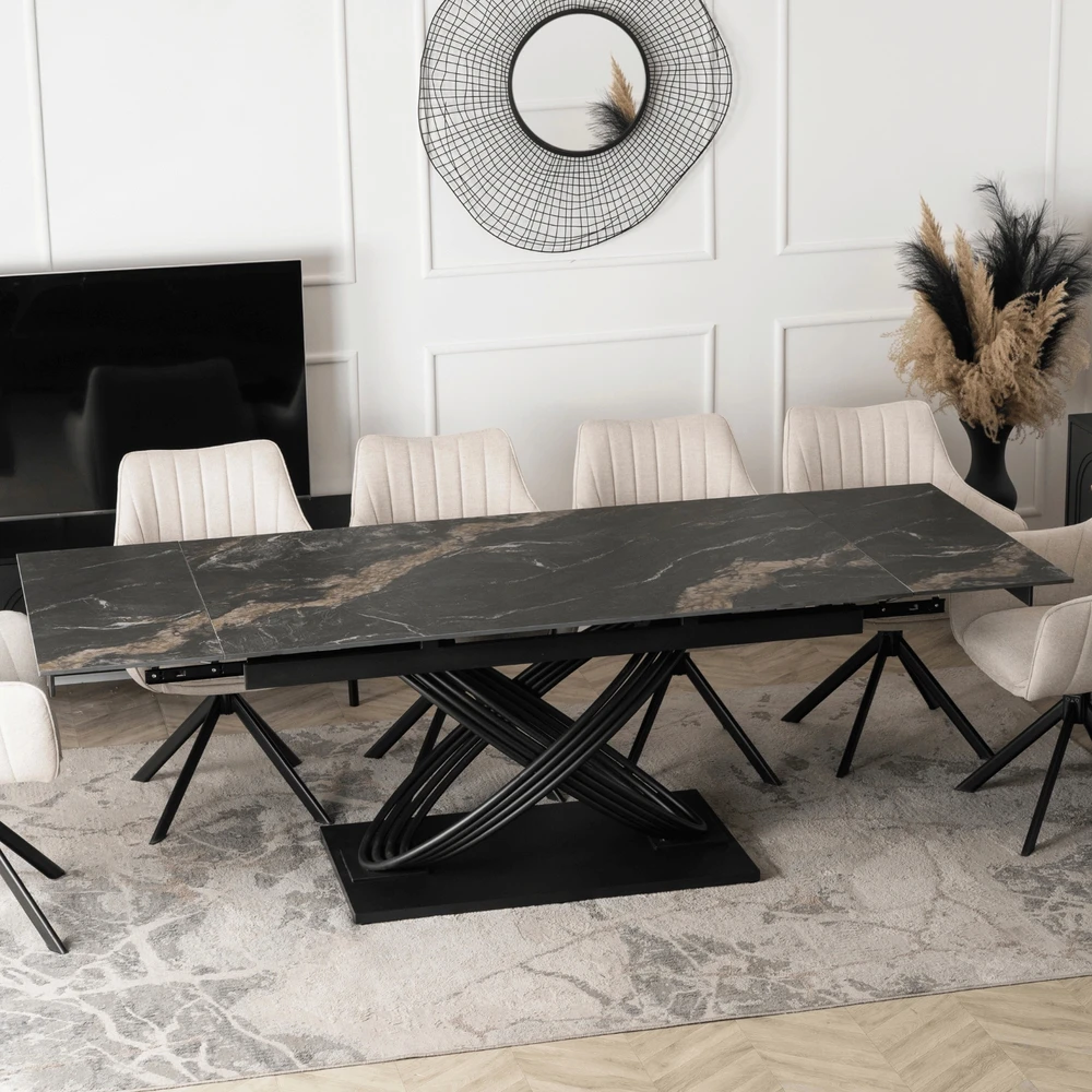 Lauko baldų komplektas IBIZA išskleidžiamo stalo komplektas, 160–240 cm, juodas marmuras, ir 4 apmuštos kėdės, MUMBAI, kreminės spalvos, modernus