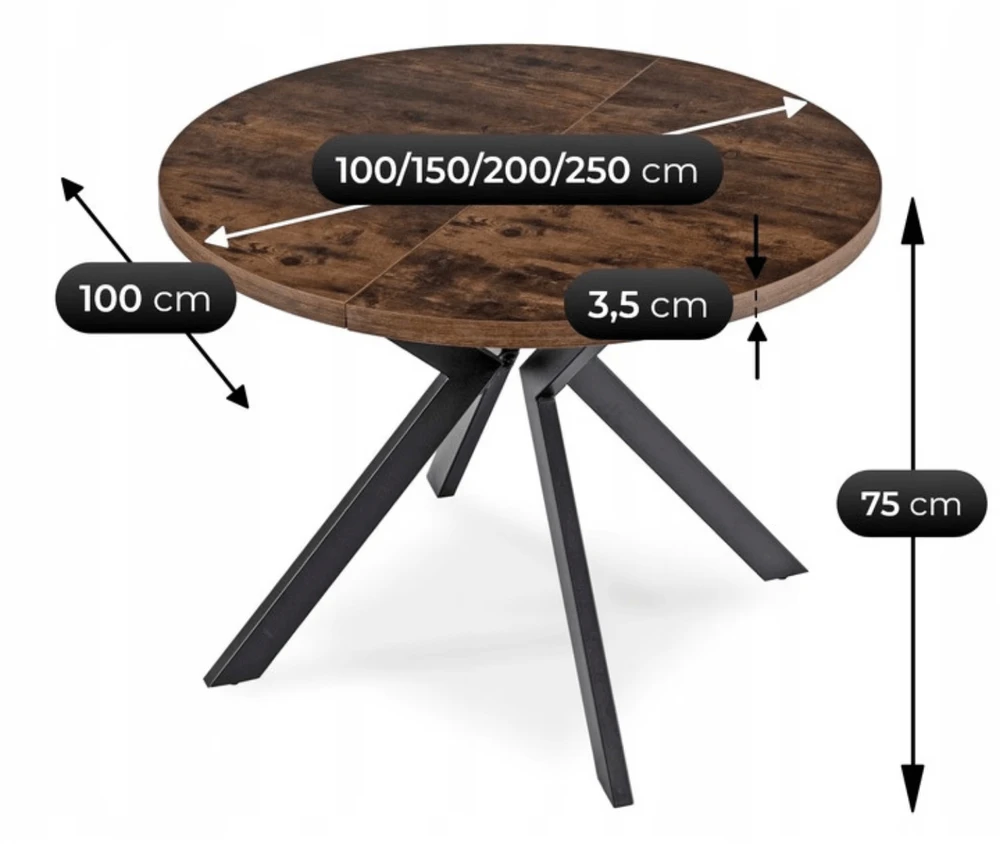 Lauko baldų komplektas Išskleidžiamas valgomojo stalas Modern 100–250 cm su 4 veliūrinėmis kėdėmis RICK – rustikalus ąžuolas / juoda / ruda