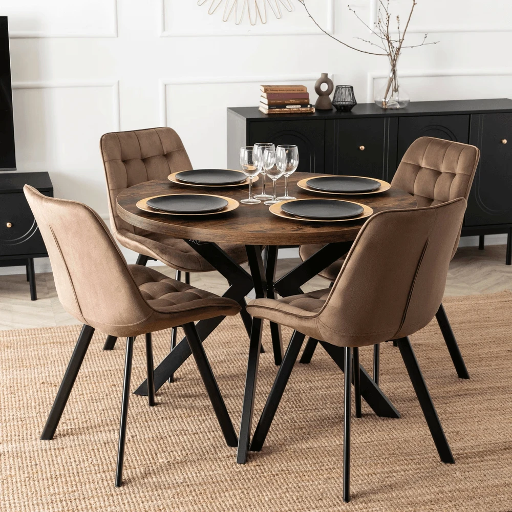 Lauko baldų komplektas Išskleidžiamas valgomojo stalas Modern 100–250 cm su 4 veliūrinėmis kėdėmis RICK – rustikalus ąžuolas / juoda / ruda