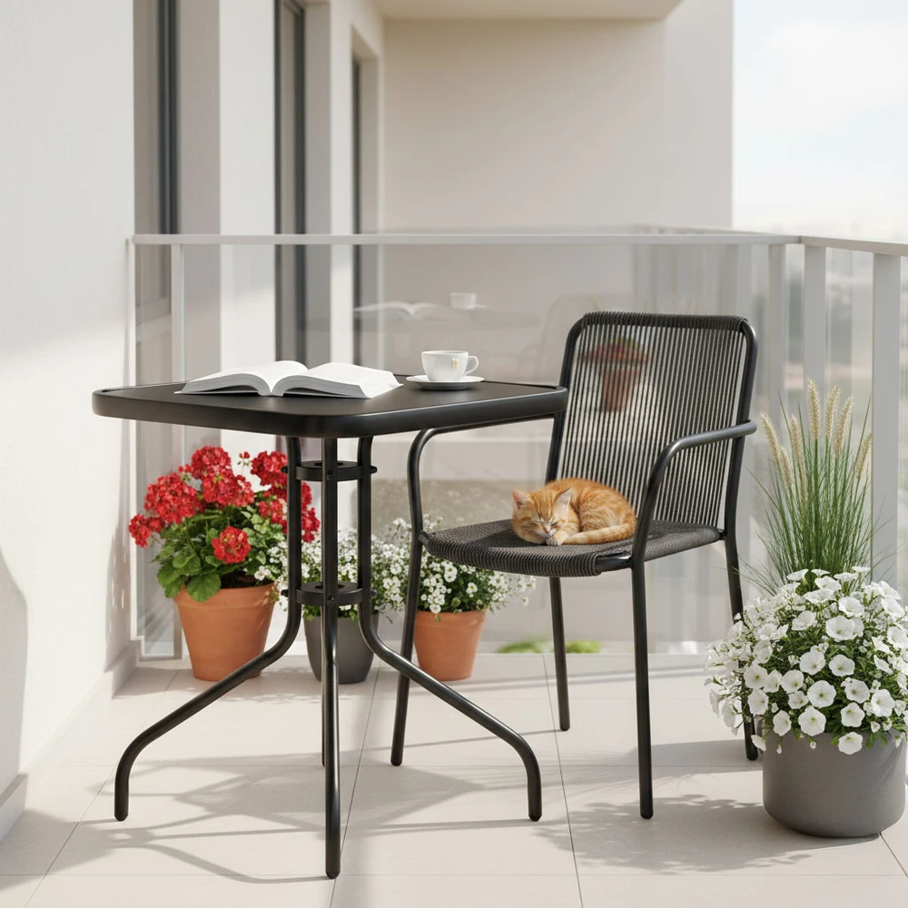 Lauko baldų komplektas Kvadratinis sodo stalas 60 cm grūdinto stiklo stalas sodui, terasai, balkonui, juodas MultiGarden