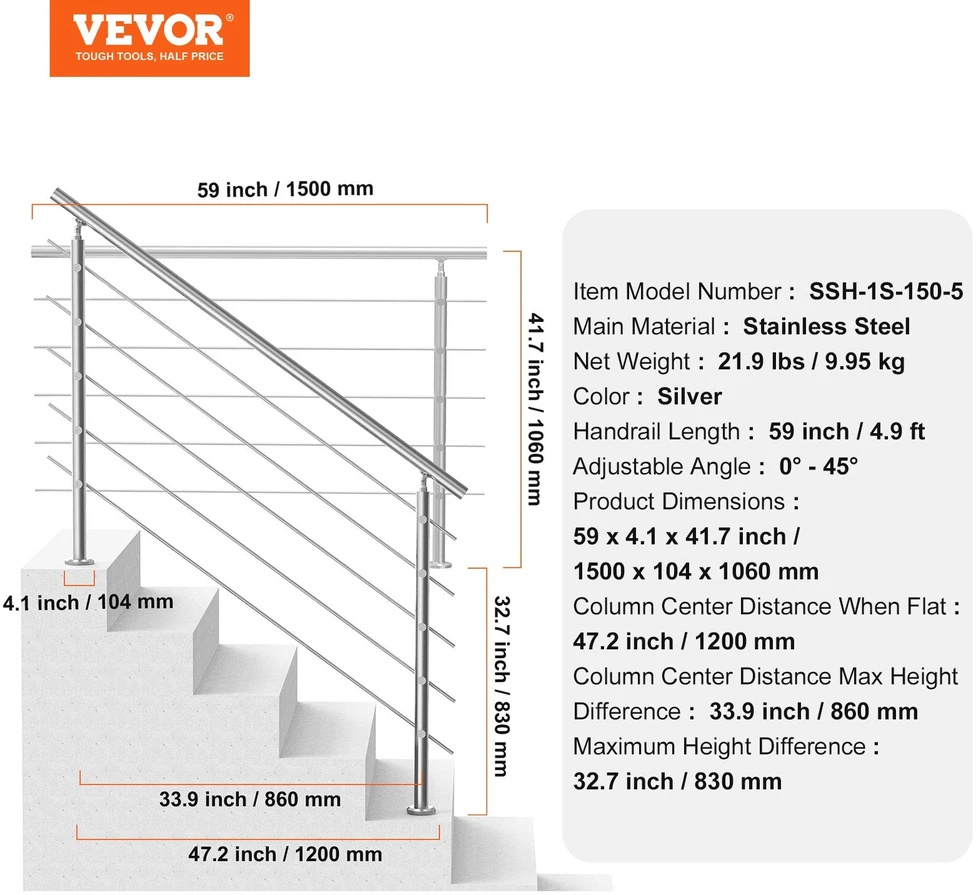 VEVOR 59 cm laiptų turėklai su 5 skersiniais