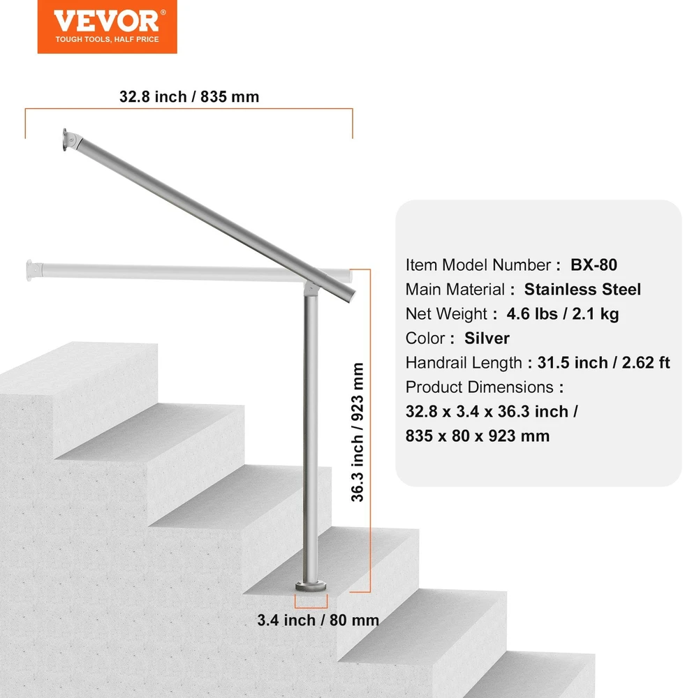 VEVOR 80 cm nerūdijančio plieno turėklai laiptams