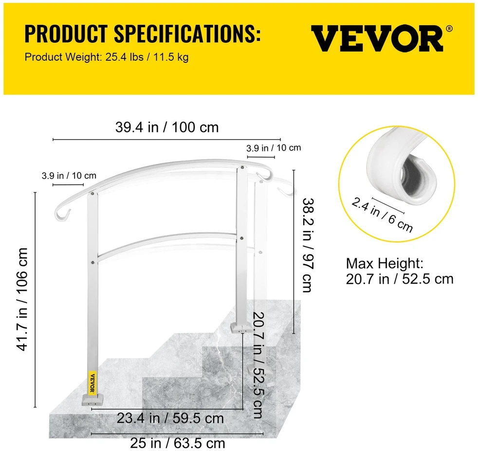 VEVOR 3 laiptų lauko turėklai baltos spalvos