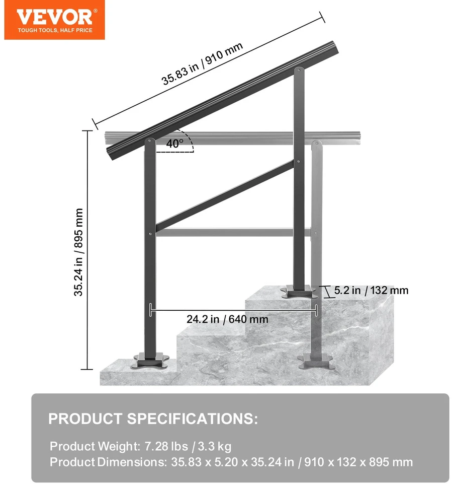 VEVOR Lauko turėklai aliuminio 91 x 89,5 cm 2-3 laipteliai