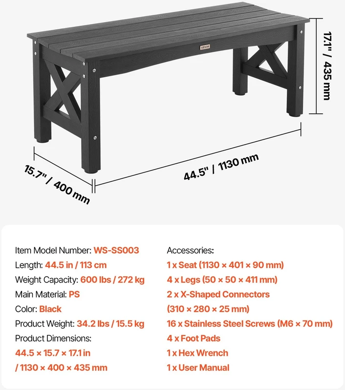 VEVOR Lauko suoliukas 113 cm, plastikinis, 272 kg, juodas