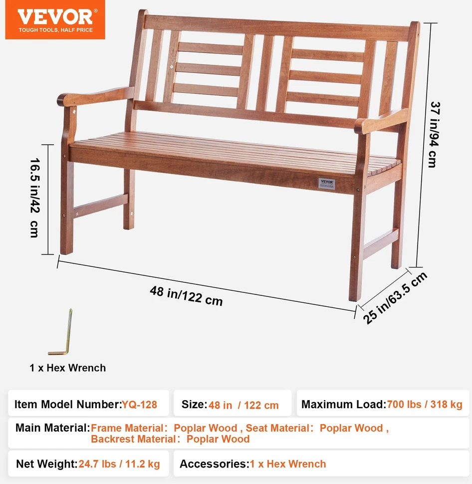 VEVOR Medinis lauko suoliukas 122 cm