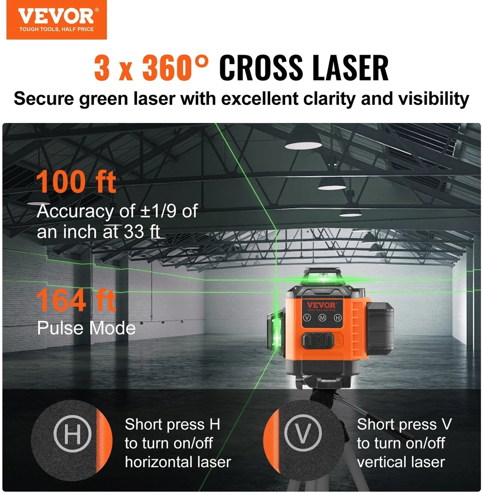 VEVOR 100ft žalias kryžminis lazerinis gulsčias