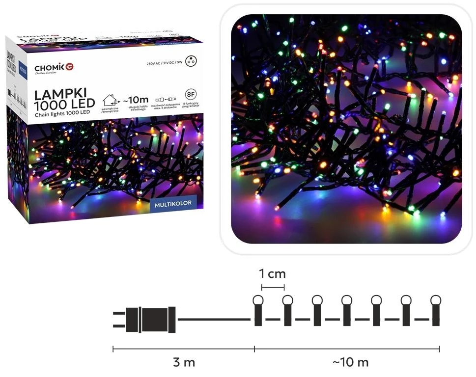 LED girlianda 1000 LED, 10 m, multikolor