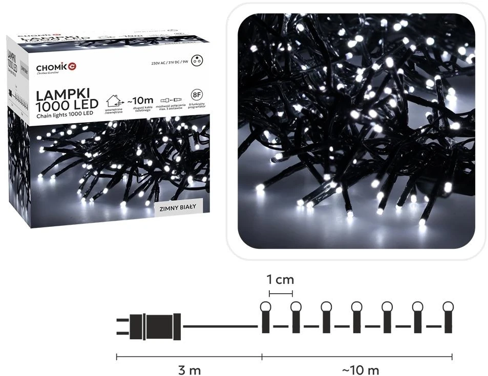 LED girlianda 1000 LED, 10 m, šaltai balta