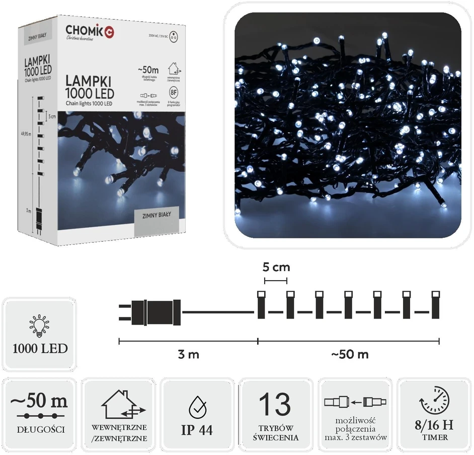 Extralink LED girlianda, 1000 LED, 53 m, šaltai balta