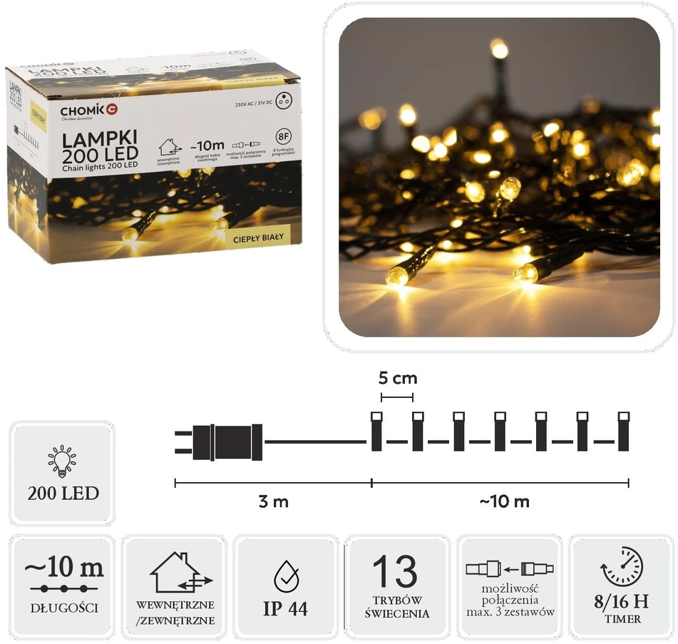 Extralink LED girlianda, 200 LED, 13 m, šiltai balta