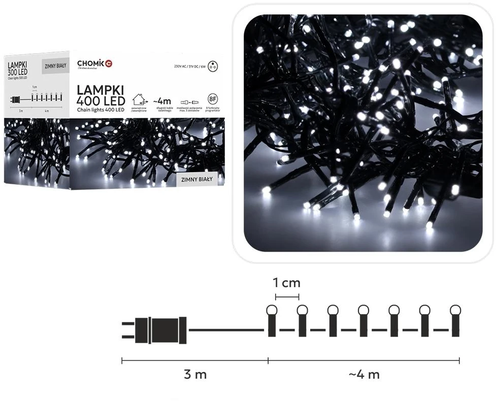 LED girlianda 400 LED, 4 m, šaltai balta