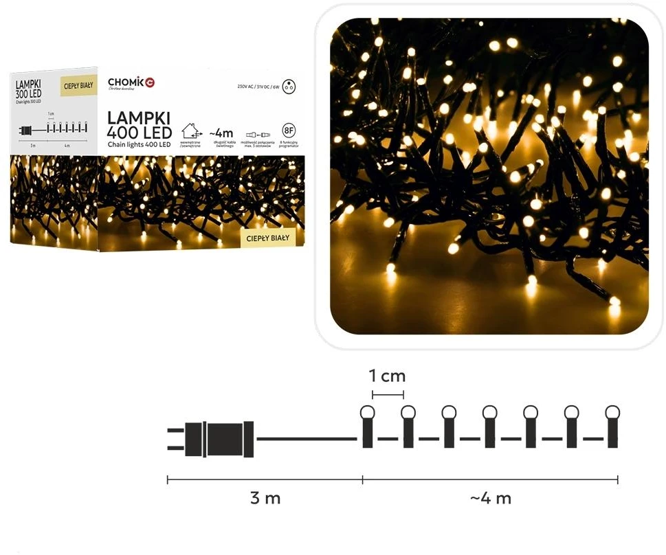 LED girlianda 400 LED, 4 m, šiltai balta