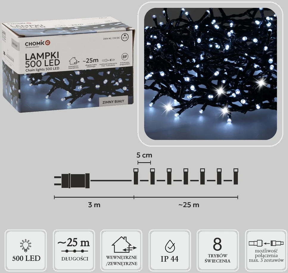 Extralink LED girlianda, 500 LED, 28 m, šaltai balta