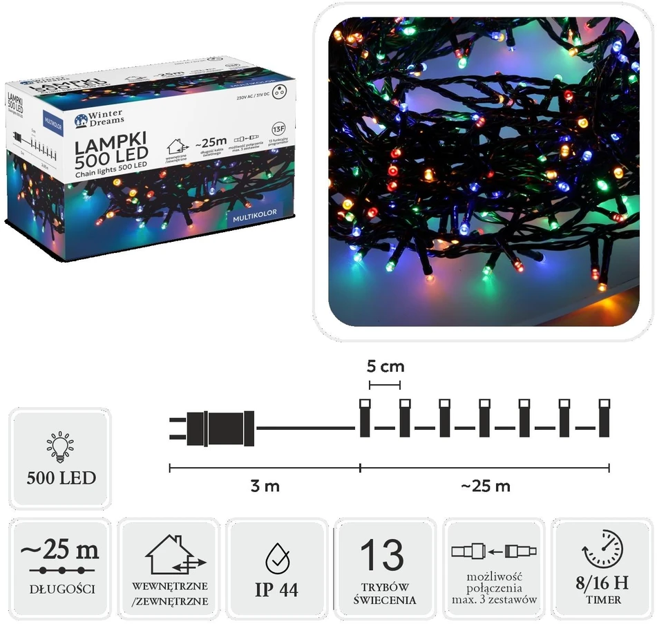 Extralink LED girlianda, 500 LED, 28 m, spalvota
