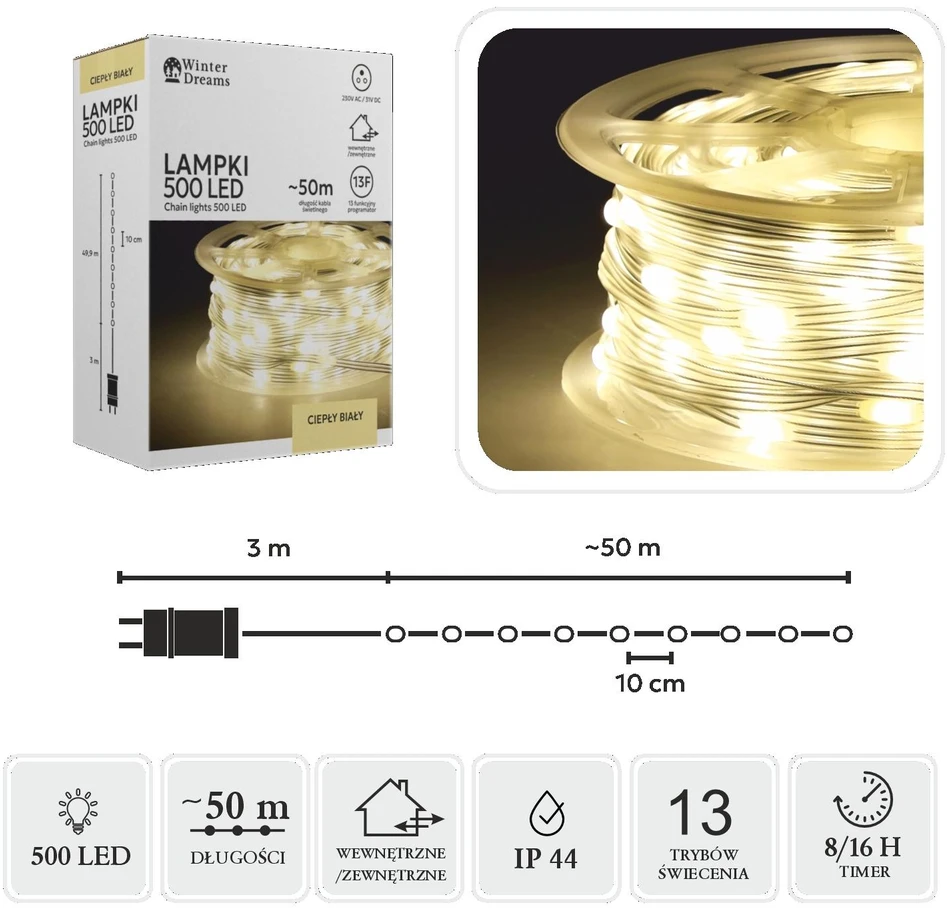LED girlianda ant ritės, 500 LED, 53 m, šiltai balta