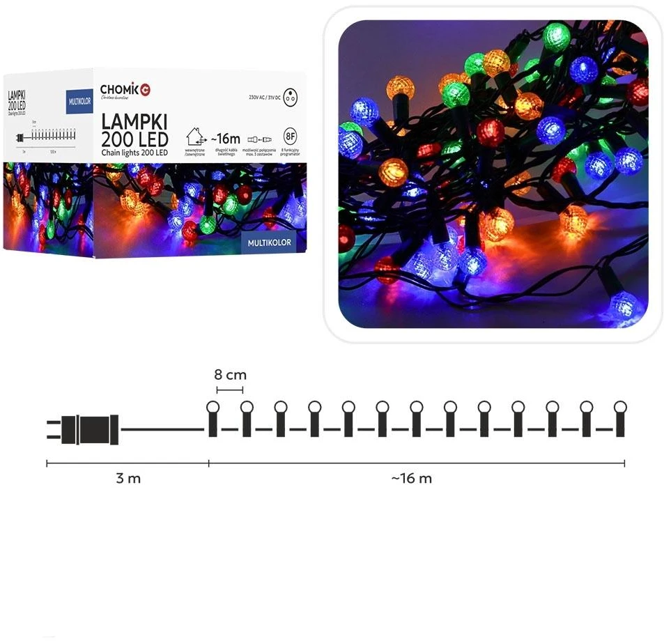 LED girlianda „Cherry Ball“ 200 LED, multispalvė, 16 m