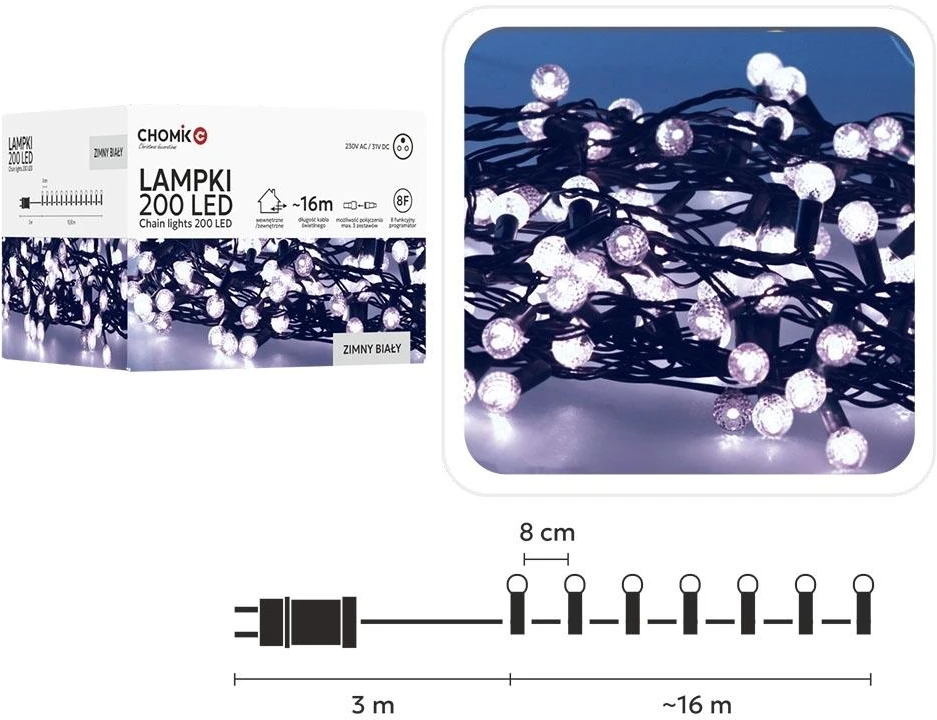 LED girlianda „Cherry Ball“ 200 LED, šaltai balta, 16 m