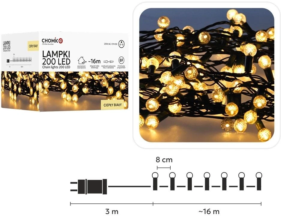 LED girlianda „Cherry Ball“ 200 LED, šiltai balta, 16 m