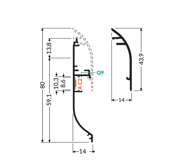 LED grindjuostės profilis SKIRT10 AC2/Q9, baltas, 3m