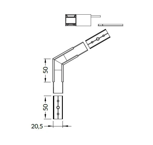 LED juostos profilio LINEA20 120 laipsnių kampinis sujungimas, baltai dažytas
