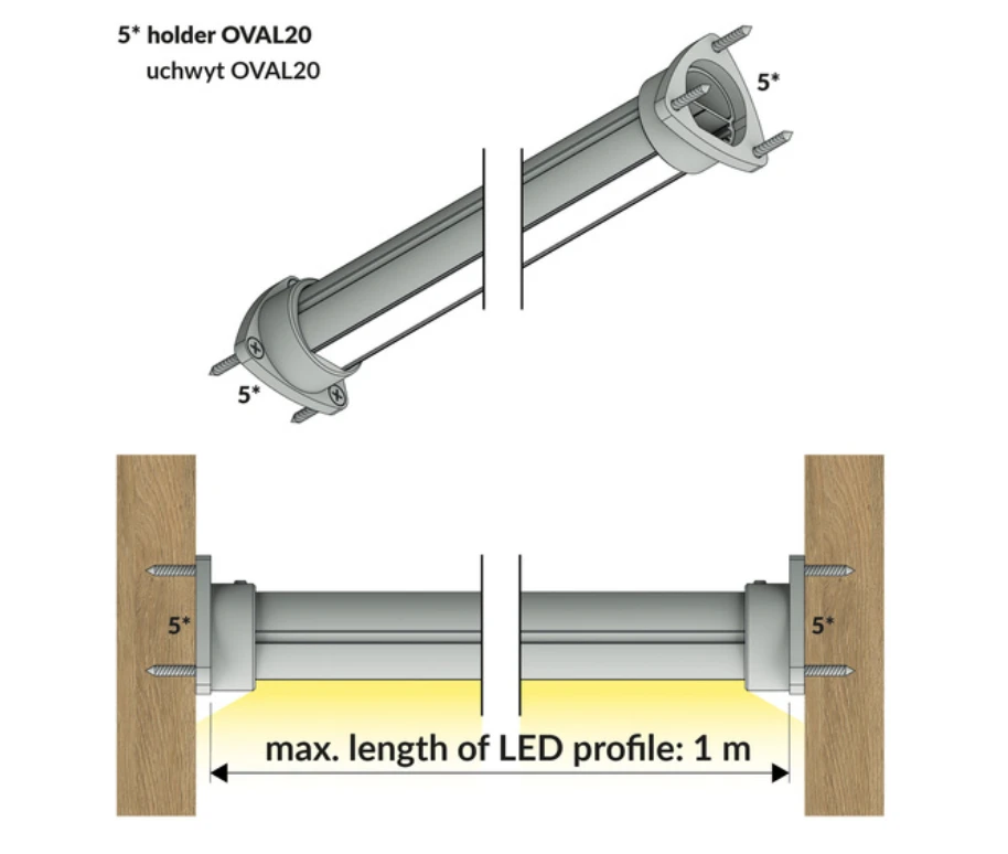 LED juostos profilio OVAL20 laikiklis, anoduotas