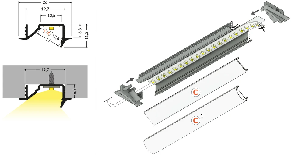 LED juostos profilis DIAGONAL10 C, neanoduoto aliuminio, 2m
