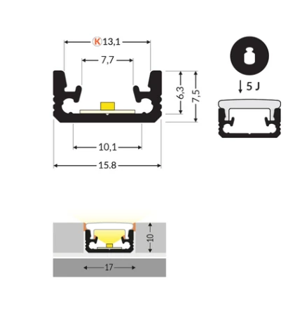LED juostos profilis FLOOR8 K, anoduotas aliuminis, 2m