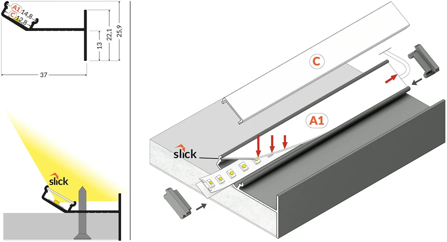LED juostos profilis GLOW12 UP A1C, neanoduotas aliuminis, 2m