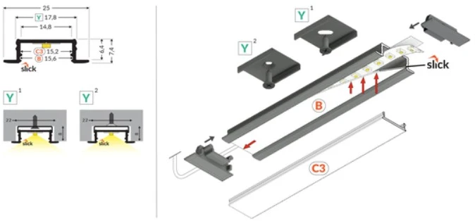 LED juostos profilis GROOVE14.V2 BC3/Y, neanoduoto aliuminio, 2m