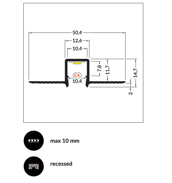 LED juostos profilis HIDE10 C4, neanoduotas aliuminis, 2m