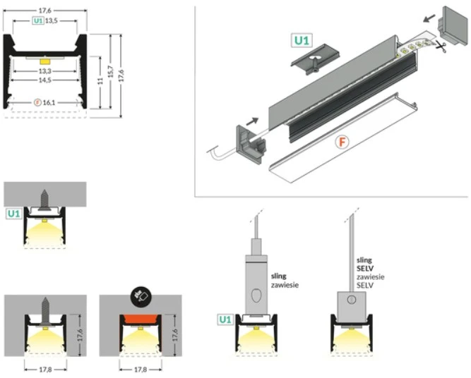 LED juostos profilis HOOD14 F/UI, juodas, 2m